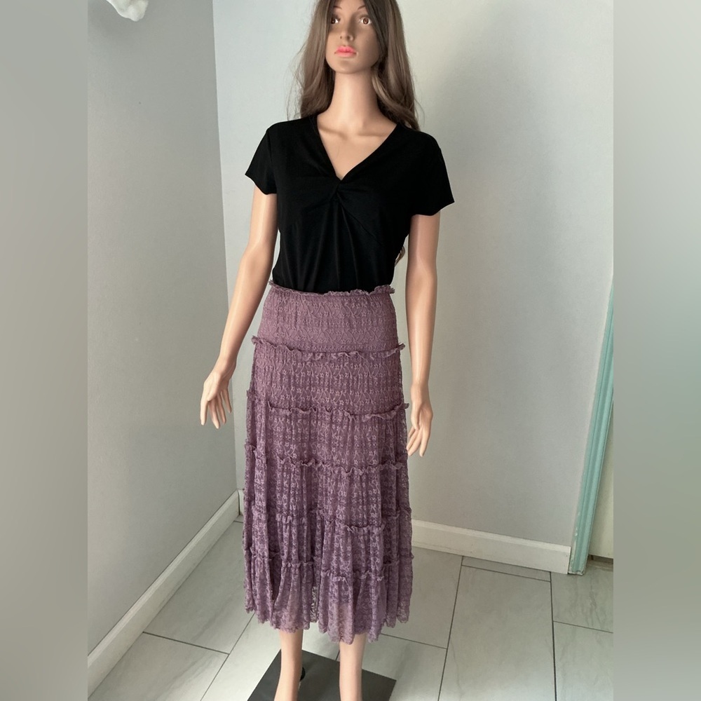 Max Studio Boho Lace Tiered Midi Skirt Purple | Ruffle Detail | Feminine & Flowy